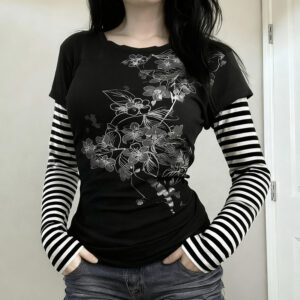 Women's Fake Two-piece Striped Long-sleeved Casual Top