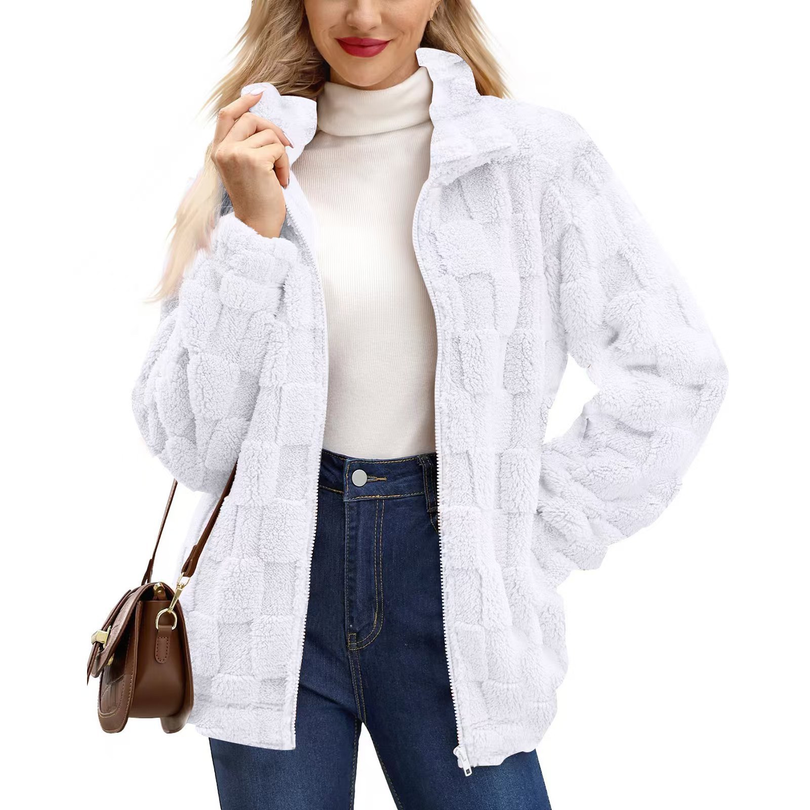 Women's Zipped Stand Collar Loose Jacquard Square Plaid Plush Coat - Image 4