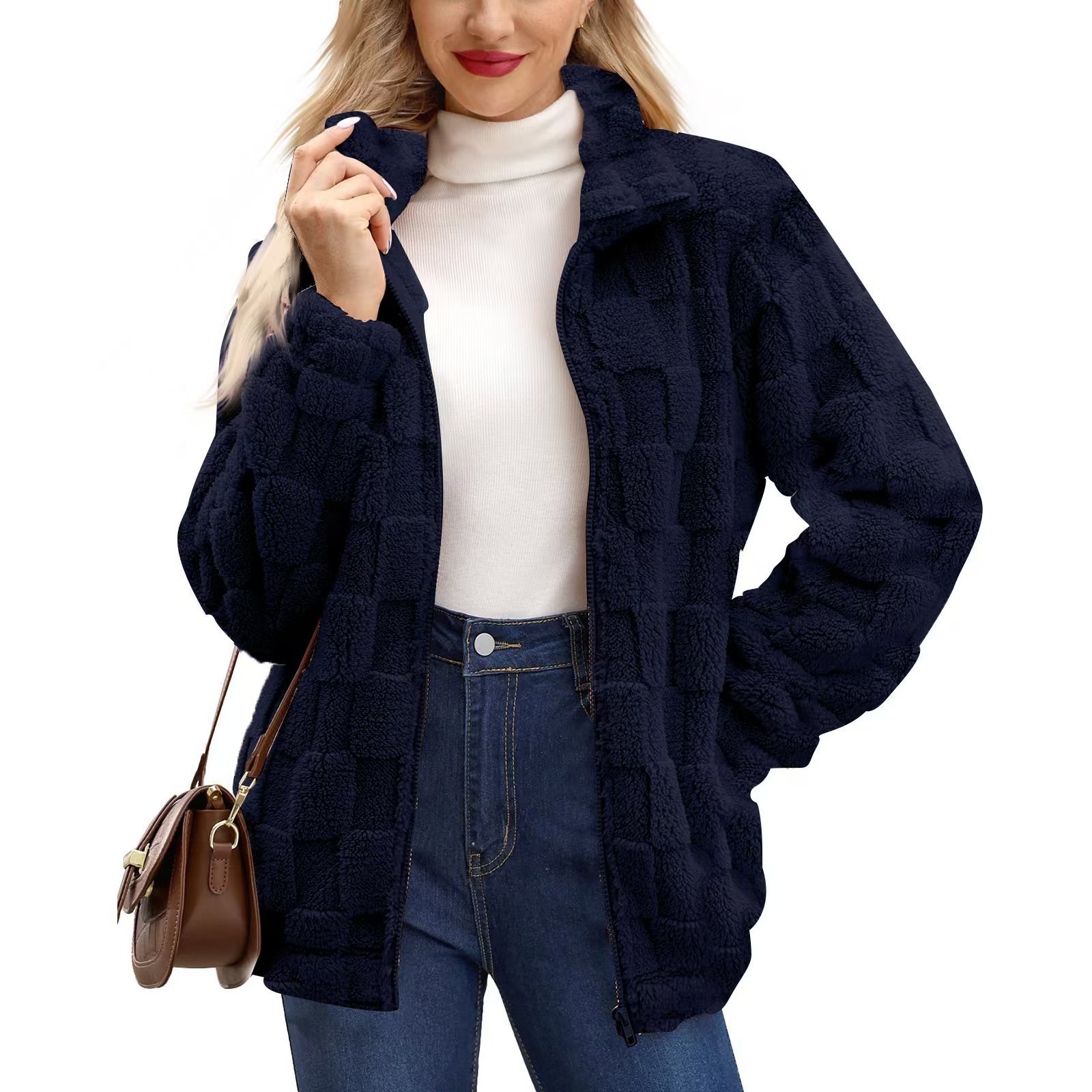 Women's Zipped Stand Collar Loose Jacquard Square Plaid Plush Coat - Image 5