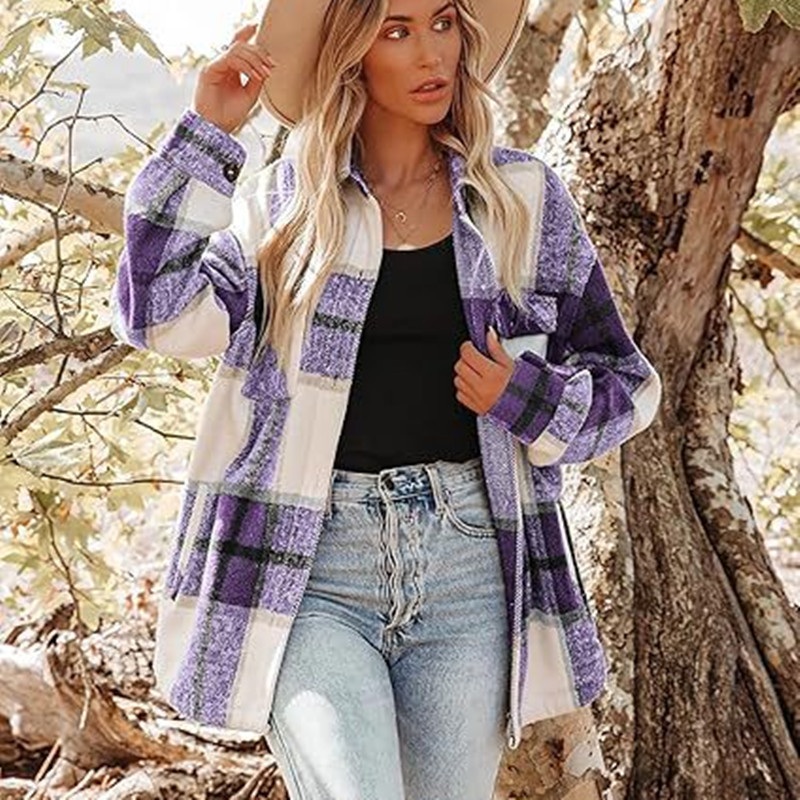 Fashionable Jacket Women’s Brushed Woolen Jacket Plaid