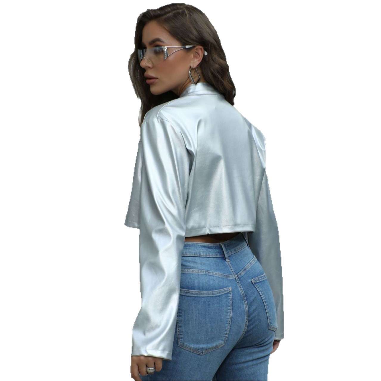 Women's Fashion Metallic Stand-collar Zipper Jacket - Image 2