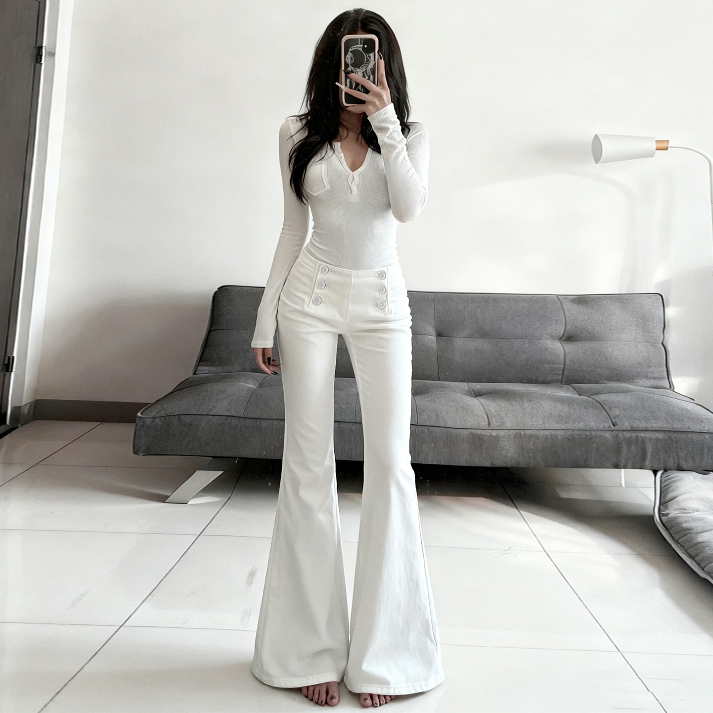 Design Breasted Access Control Waist Slimming And Hip Lifting Denim Trousers - Image 4